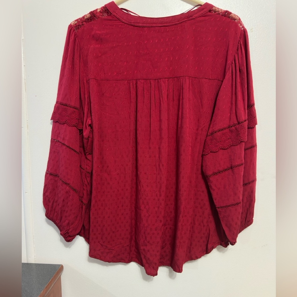 Knox Rose Deep Red Blouse with Lace Accents - Picture 2 of 5